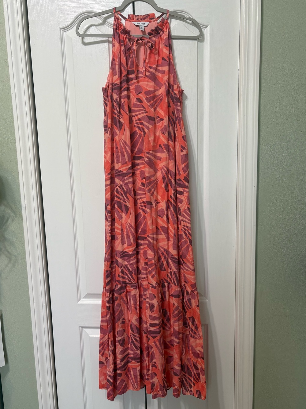 Nine West Orange Purple Abstract Chiffon Maxi Dress Sleeveless Keyhole Tie M